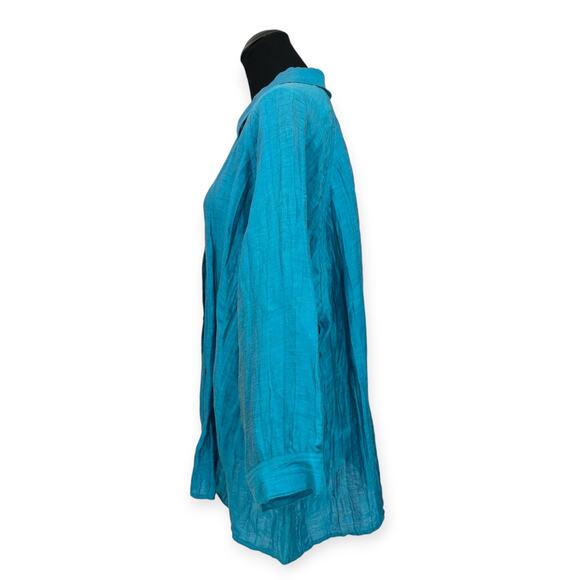 Peter Nygard | 1X | Turquoise Blue Linen Blend Crinkle Button-Down Tunic Shirt - Picture 5 of 8
